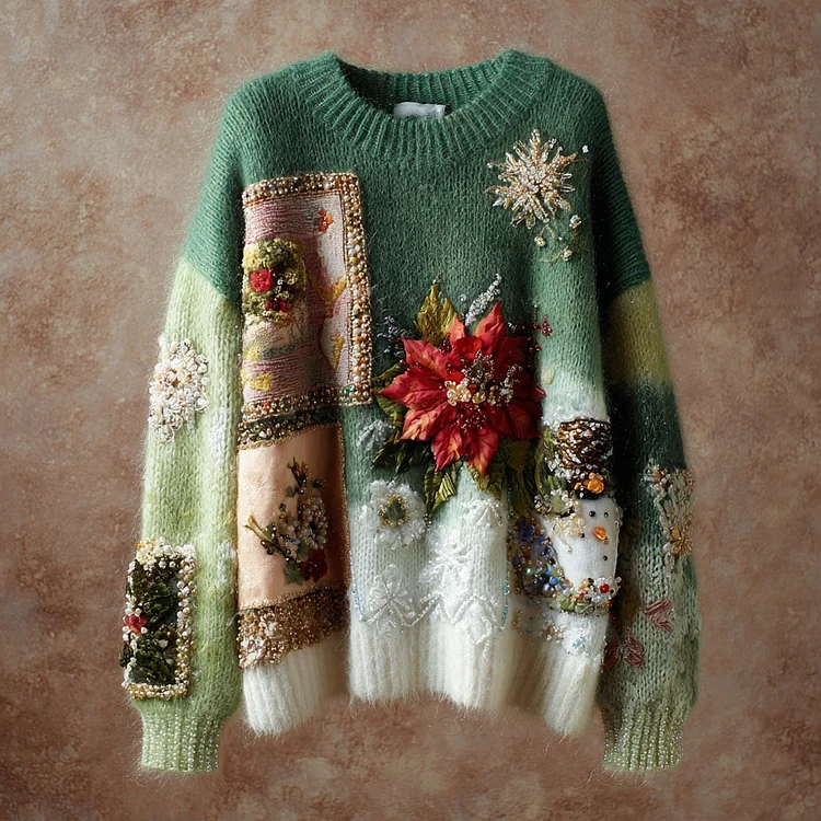 Christmas Inspired Embroidered Round Neck Cozy Knit Sweater