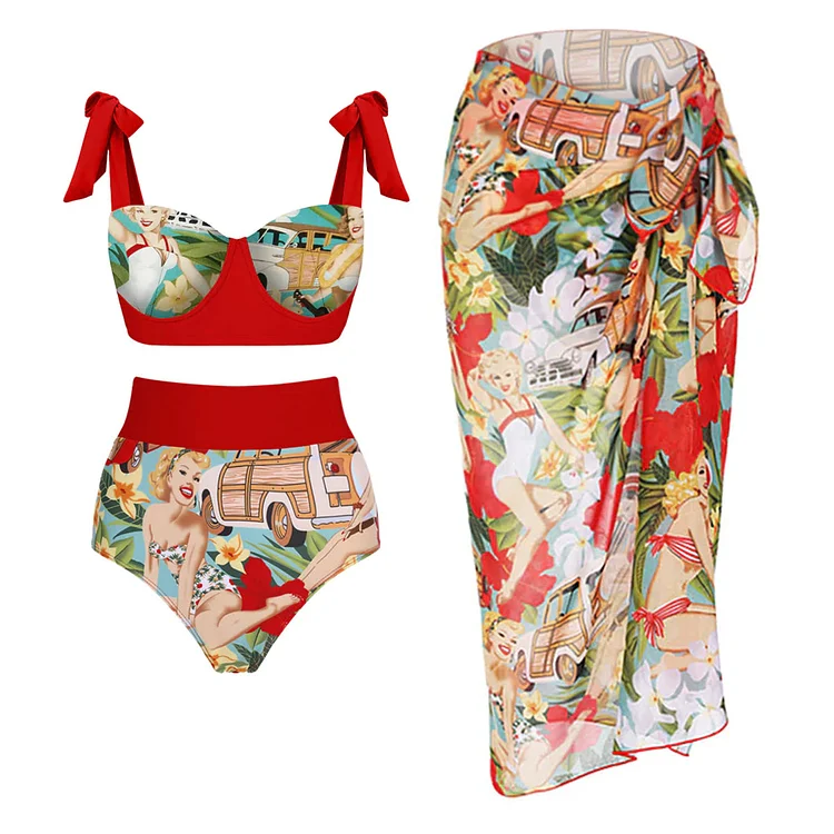 Bowknot Tie-shoulder Printed Bikini Swimsuit and Cover Up Flaxmaker 