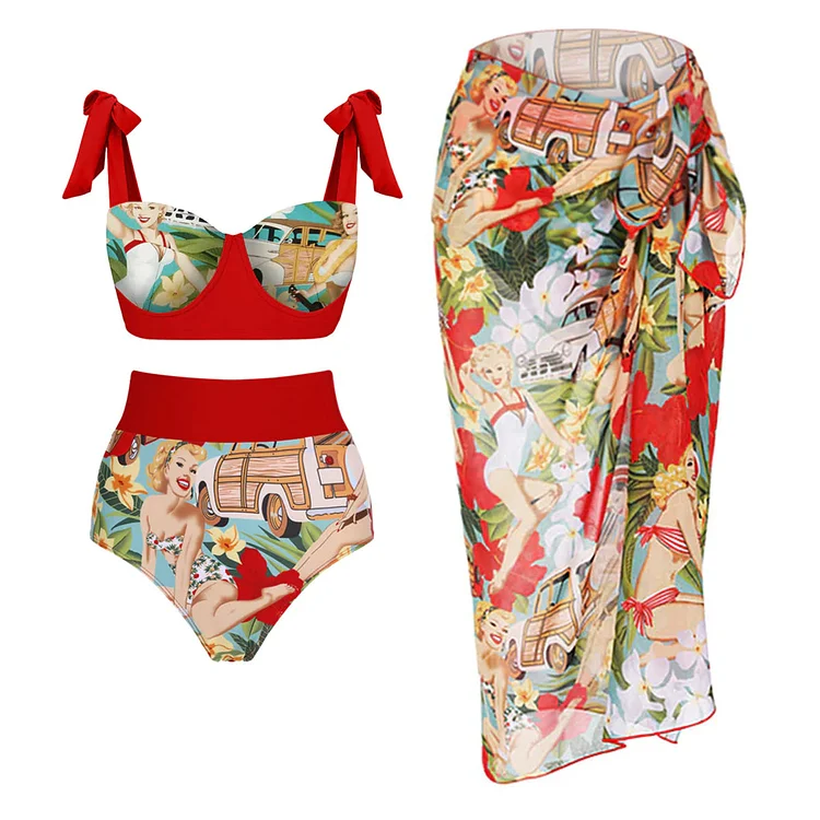 Morisly Bowknot Tie-shoulder Printed Bikini Swimsuit and Cover Up