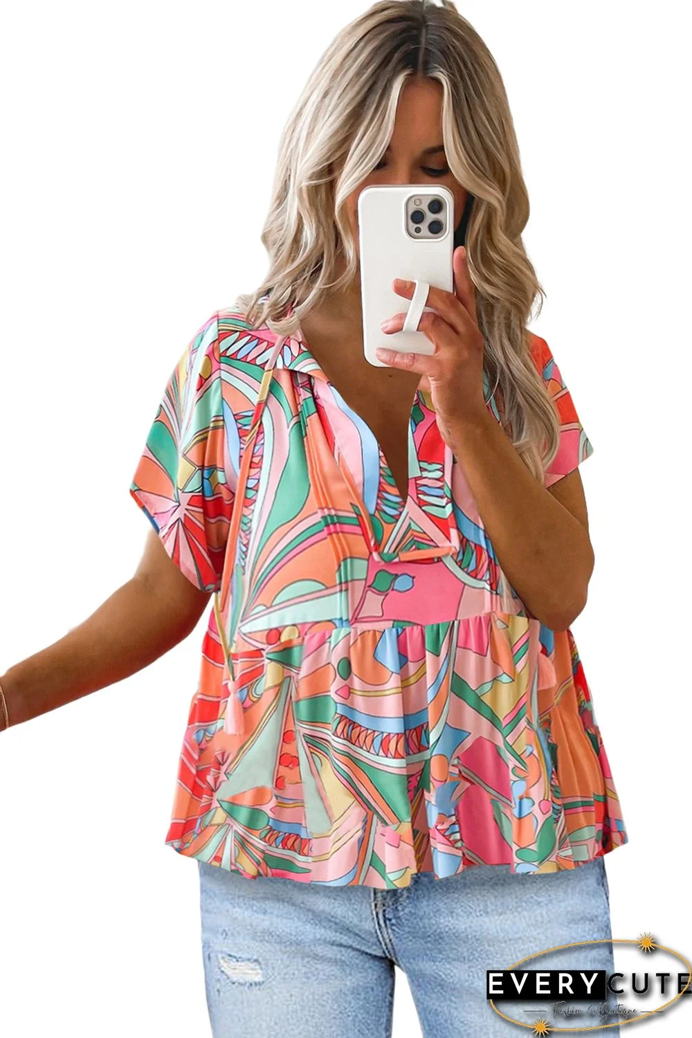 Multicolor Boho Abstract Pattern Split V Neck Flowy Blouse