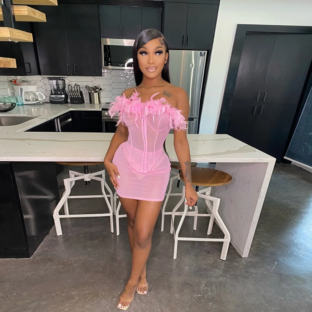 CM.YAYA Women Mesh See Though Mini Midi Skirts Suit and Croset Feather Strapless Shirt Tops Beach Sexy Matching Two 2 Piece Set