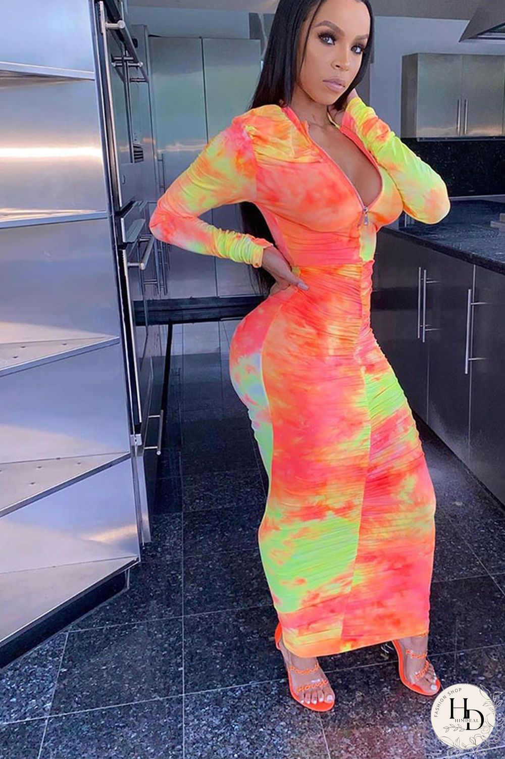 Blue Sexy Long Sleeves O neck Step Skirt Ankle-Length Print Tie and dye asymmetrical chain Dresses