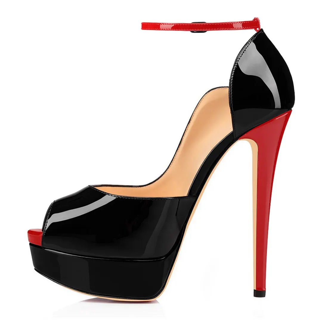 15cm/5.9 inch Ankle Strap Platform Shoes High Heels Peep Toe Patent Pumps