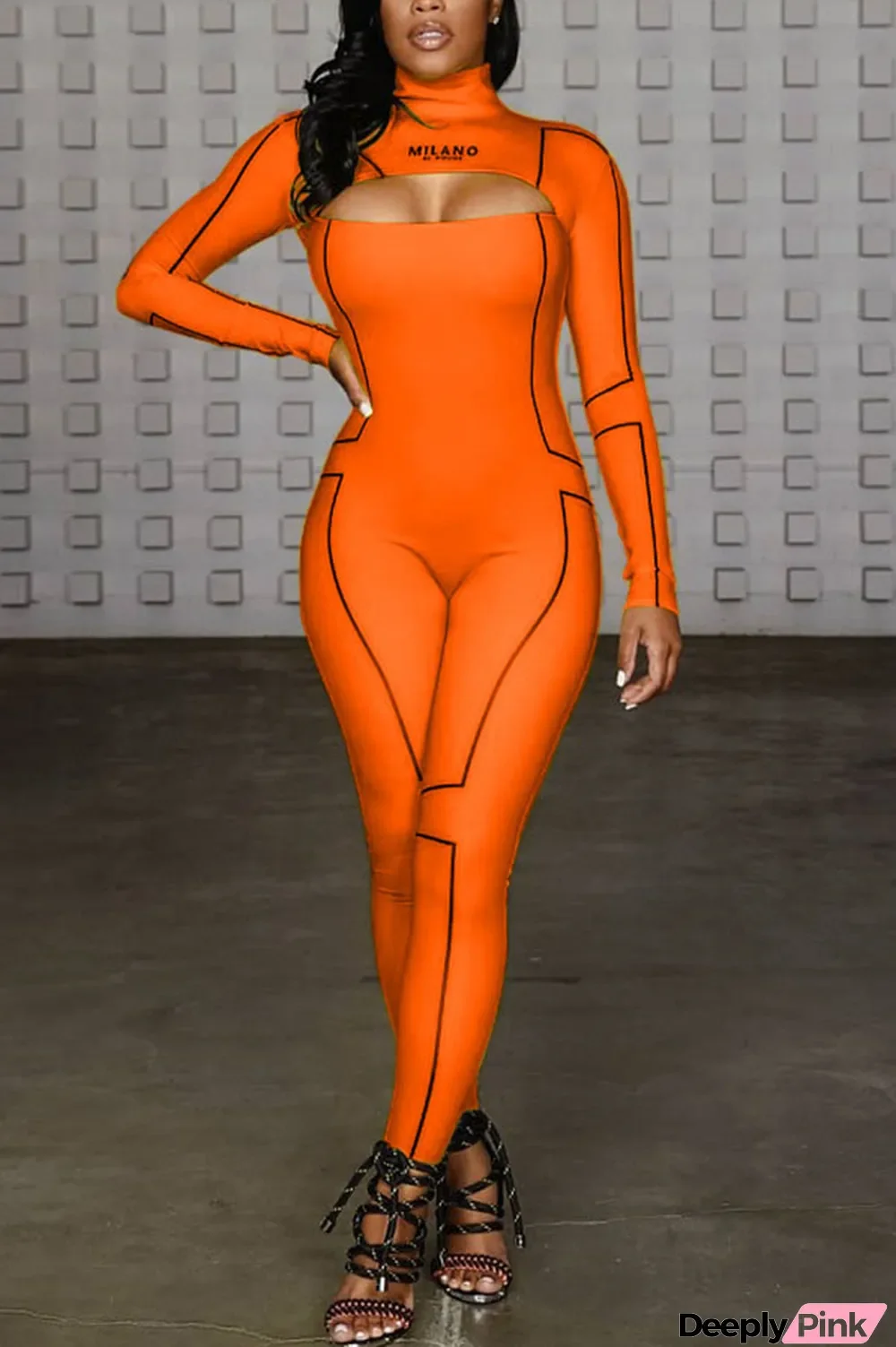 Orange Fashion Print Backless Milk. Long Sleeve O Neck Jumpsuits