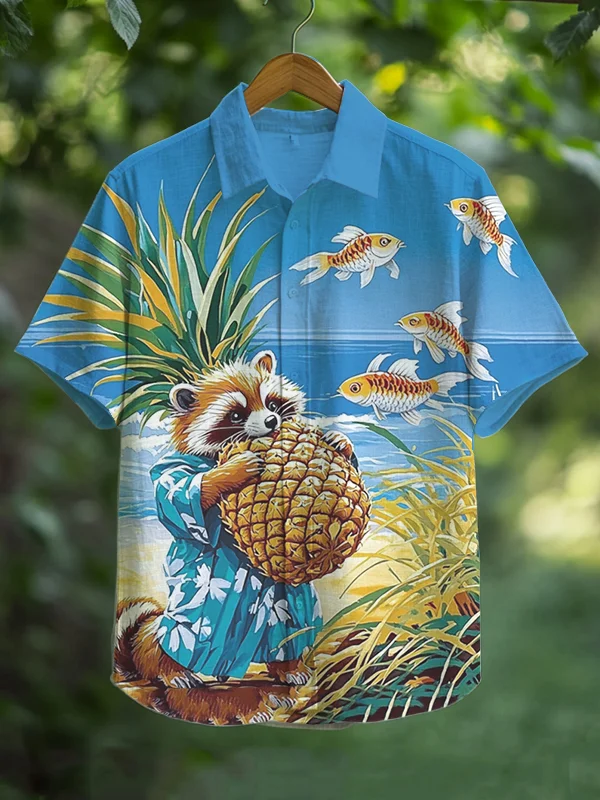 Men's Raccoon Eating Pineapple Print Short Sleeve Shirt
