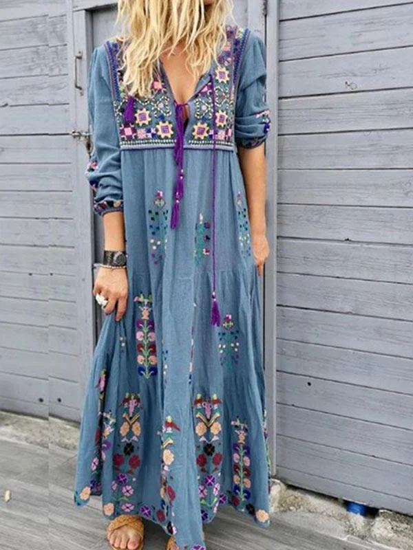 Women's Bohemian Print Drawstring Dress-Mayoulove