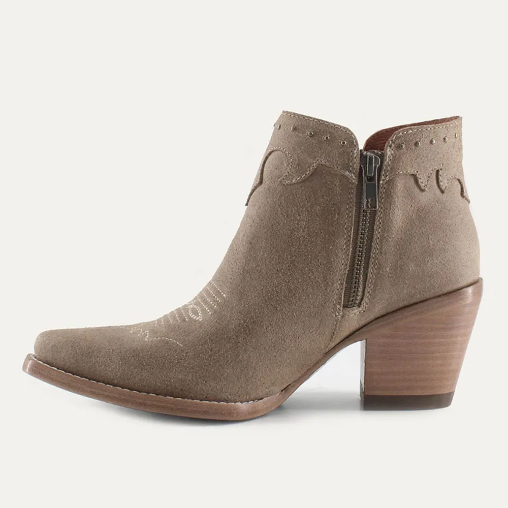 Taupe Studded Chunky Heel V-Cut Zipper Cowgirl Boots for Women