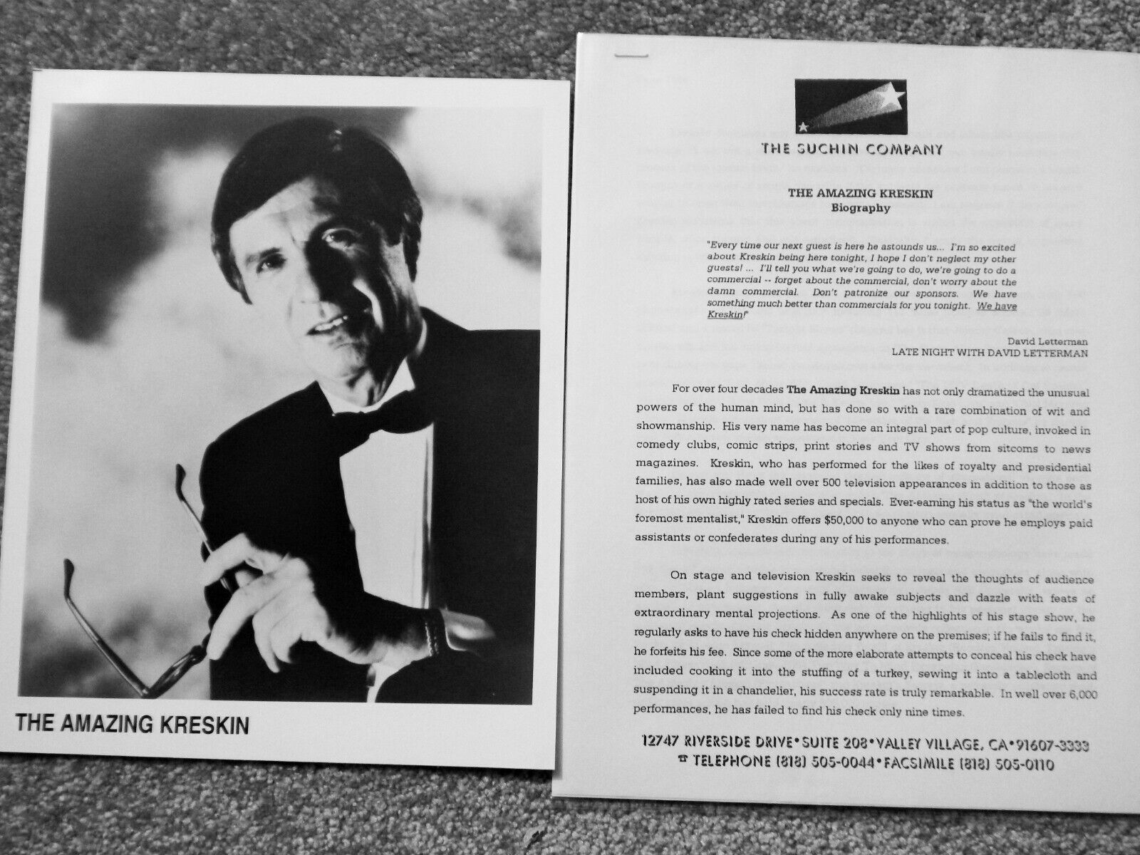 AMAZING KRESKIN 1996 PRESS RELEASE & 8 X 10 Photo Poster painting LEGENDARY MIND MAGICIAN