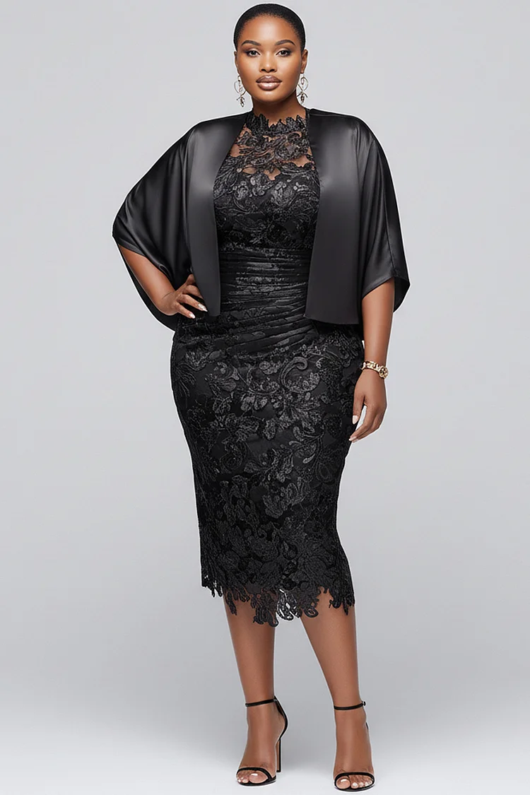 Xpluswear Design Plus Size Mother Of The Bride Satin Black Round Neck Half Sleeve Bodycon Fold Lace Two Piece Dress Set [Pre-Order] 2024 - Xpluswear