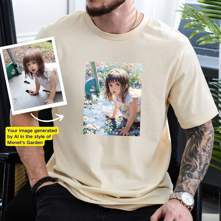 Photo AI design, customized unisex version T-shirt, Monet's garden style, generated by AI technology, gift for dad, gift for mom, birthday gift