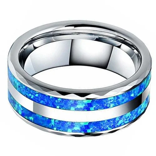 8MM Women's Or Men's Double Blue Opal Inlay Mens Tungsten Carbide Wedding Matching Rings with Silver Tone Faceted Edge Comfort Fit