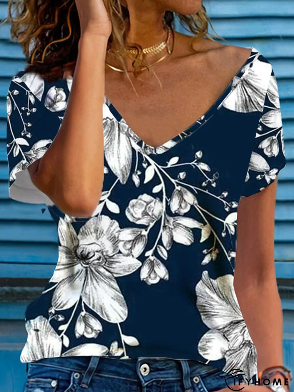 Vacation Floral Casual Loosen V Neck Short Sleeve T-Shirt | IFYHOME