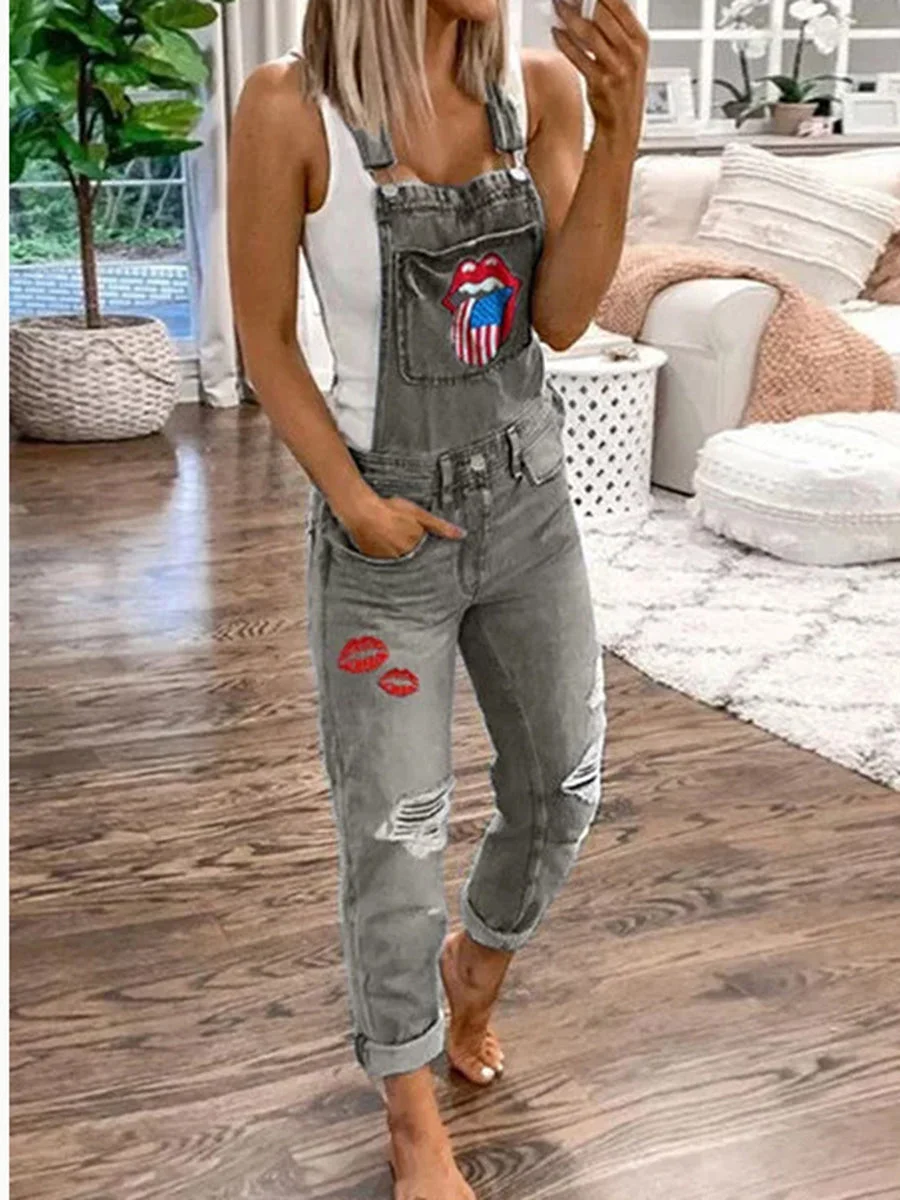 Casual Lip Printed Jeans Jumpsuit