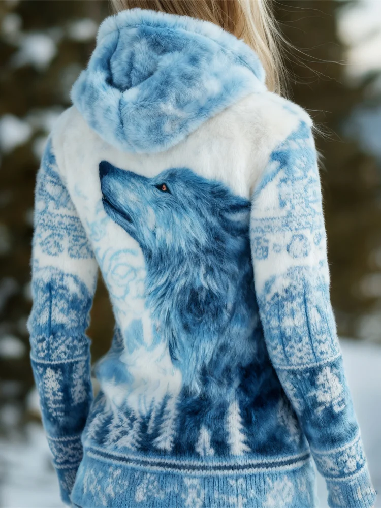 Viking Ice Wolf Pattern Women's Hooded Flannel Sweater