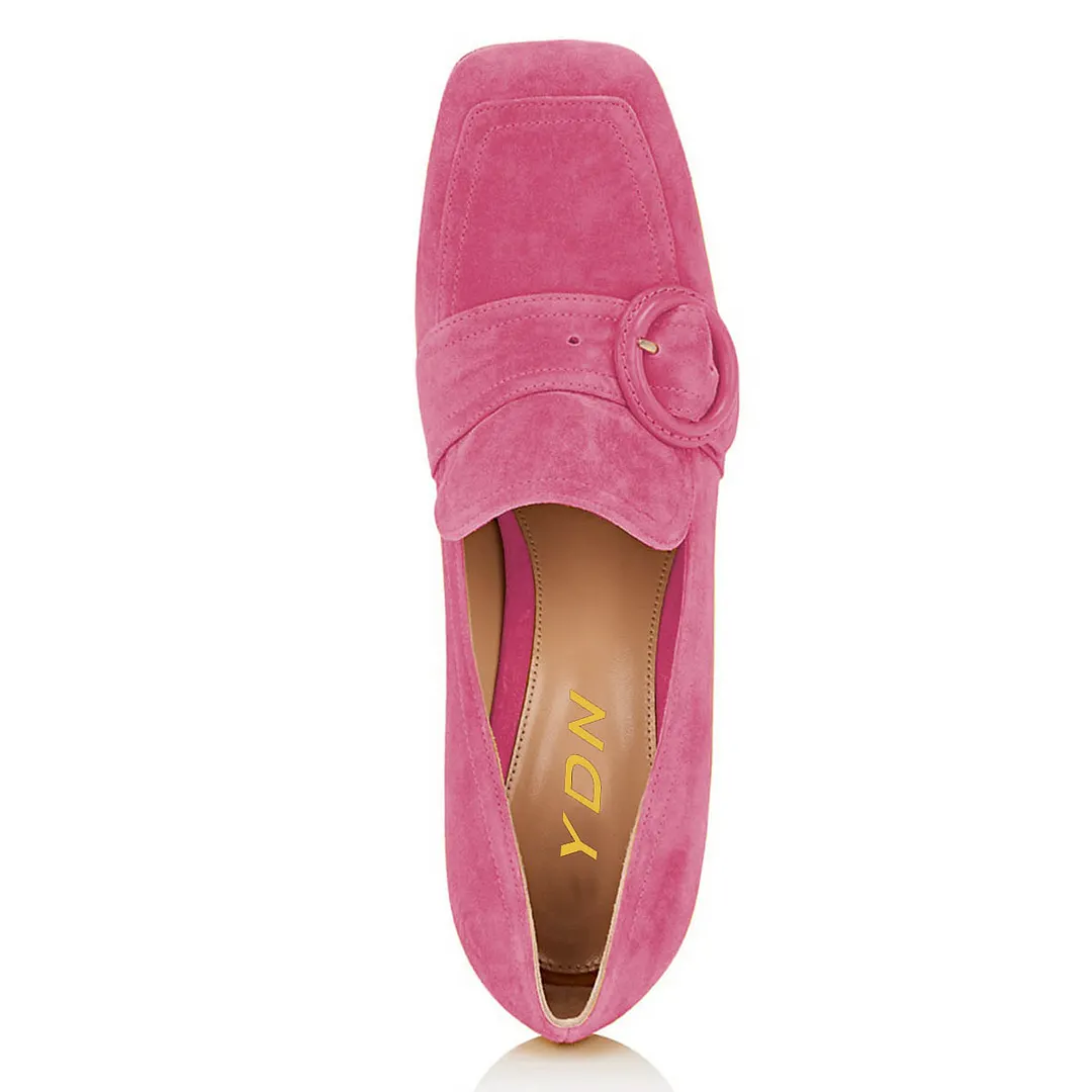 Hot Pink Square Toe Buckle Chunky Heeled Vegan Suede Loafers Women