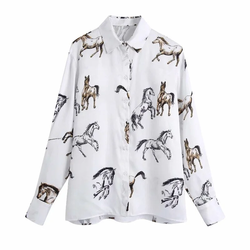 Women Horse Print Turndown Collar Satin Shirt Female Long Sleeve Blouse Casual Lady Loose Tops Blusas S8162