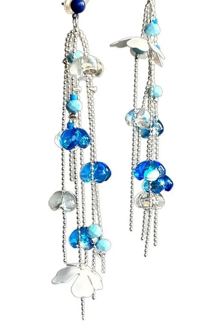 Long Dangle Earrings Featuring Green Fabric Heart Shaped Flowers