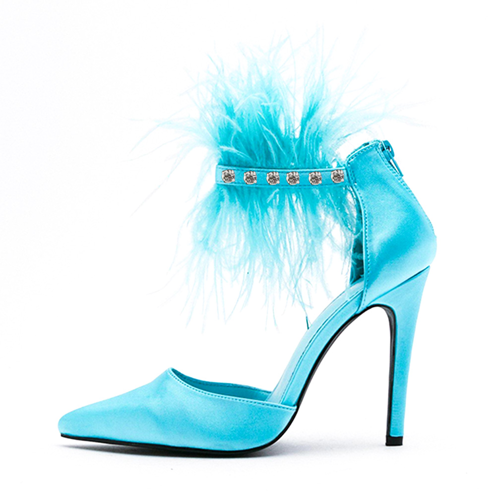 Blue Satin Pointy Toe Feather Ankle Strap Pumps Heels with Rhinestone Nicepairs