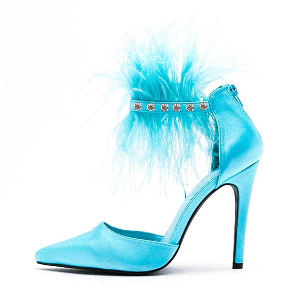 Blue Satin Pointed Toe Sandals Feather Rhinestone Decor Stiletto Heels Nicepairs