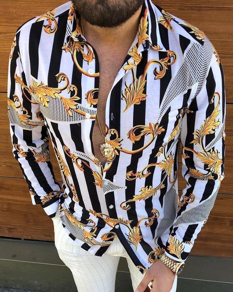 Casual Striped Printed Long-sleeved Shirt