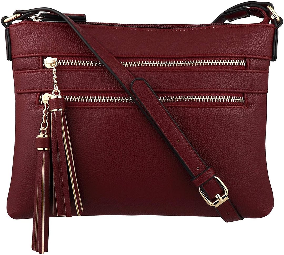 Vegan Multi-Zipper Crossbody Handbag Purse with Tassel Accents
