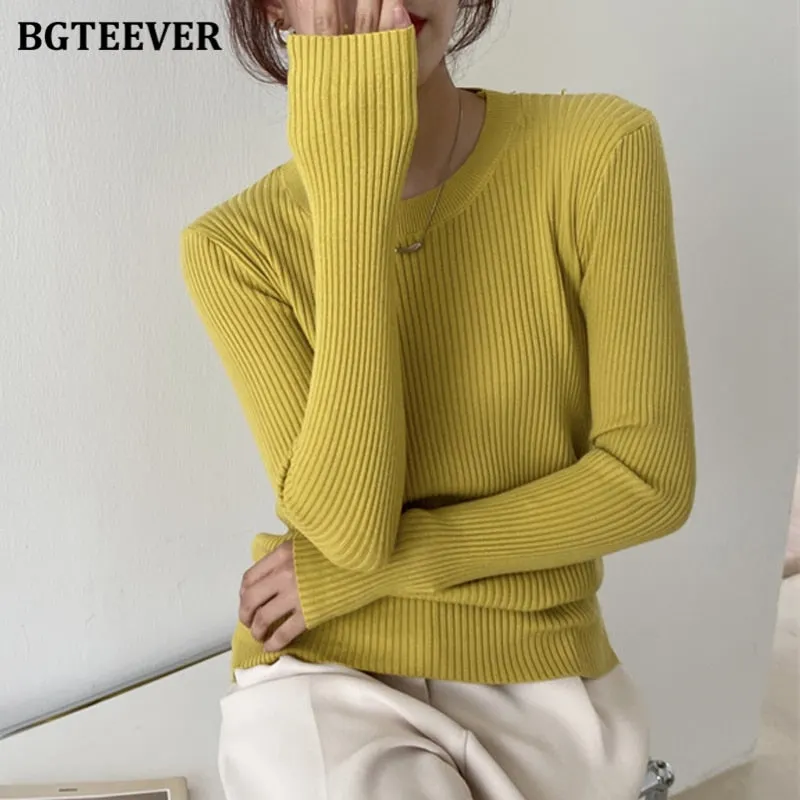 BGTEEVER Fashion New Autumn O-neck Slim Women Sweater 2021 Full Sleeve Stretched Casual Knitwear Skinny Female Knitting Tops