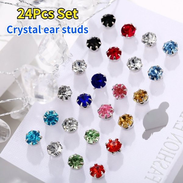 24Pcs Set of New Ladies Fashion Hot Sale 925 Silver Plated Colorful Diamond Earrings Exquisite Simple Colorful Crystal Earrings Ladies Engagement Wedding Earrings Jewelry - Shop Trendy Women's Fashion | TeeYours