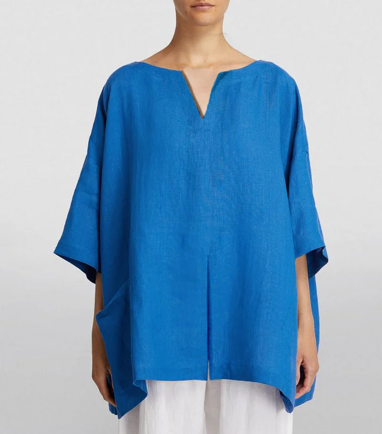 Cotton-Linen V-Neck Hem Slit Top
