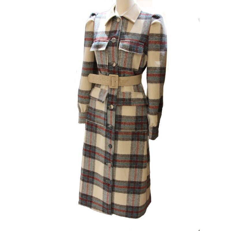 2020 Spring Turn Down Collar Women Woolen Coat Plaid Print Elegant Wool Jacket Women Autumn Long Coat Casaco Feminino