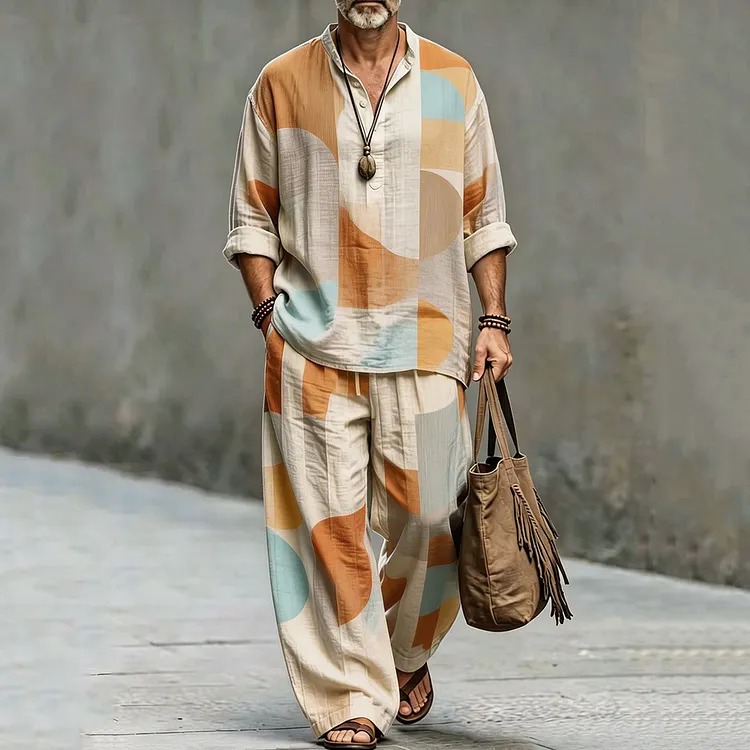Men's Vintage Geometric Art Print Shirt And Pants Two Piece Set