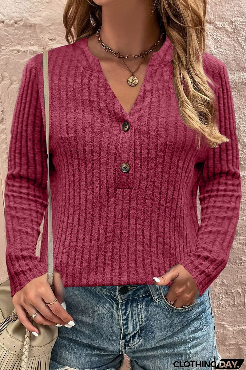 Casual Solid Buttons V Neck Tops