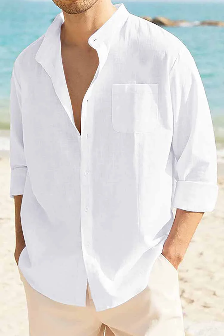 Men's Stand Collar Beach Casual Solid Color Long Sleeve Shirt