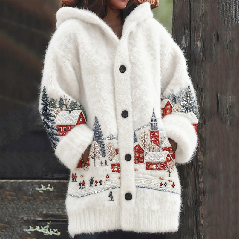 Christmas Snowy Landscape Embroidered Cozy Hooded Cardigan elevenforest