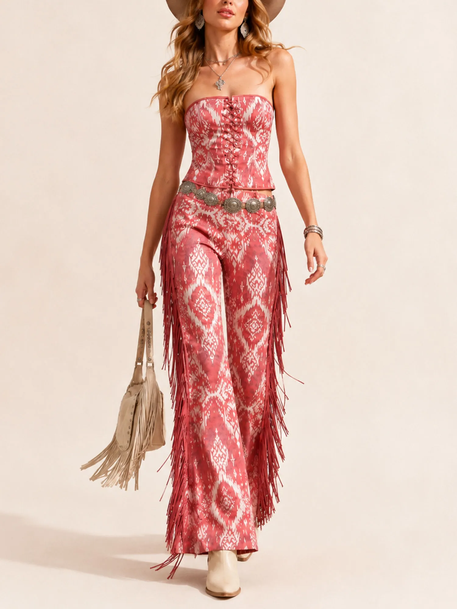 Ideal For An Evening Desert Music Festival &mdash; Vintage Rose Tribal Printed Lace-Up Corset Flare Pants Set（No Belt）