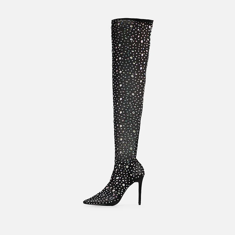 Black Rhinestone Stiletto Thigh Boots Vdcoo