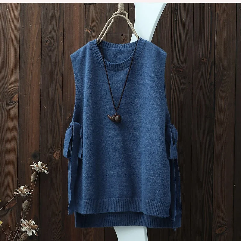 new style literary round neck solid color knitted waistcoat women's vest with wide loose pullover waistcoat with slits