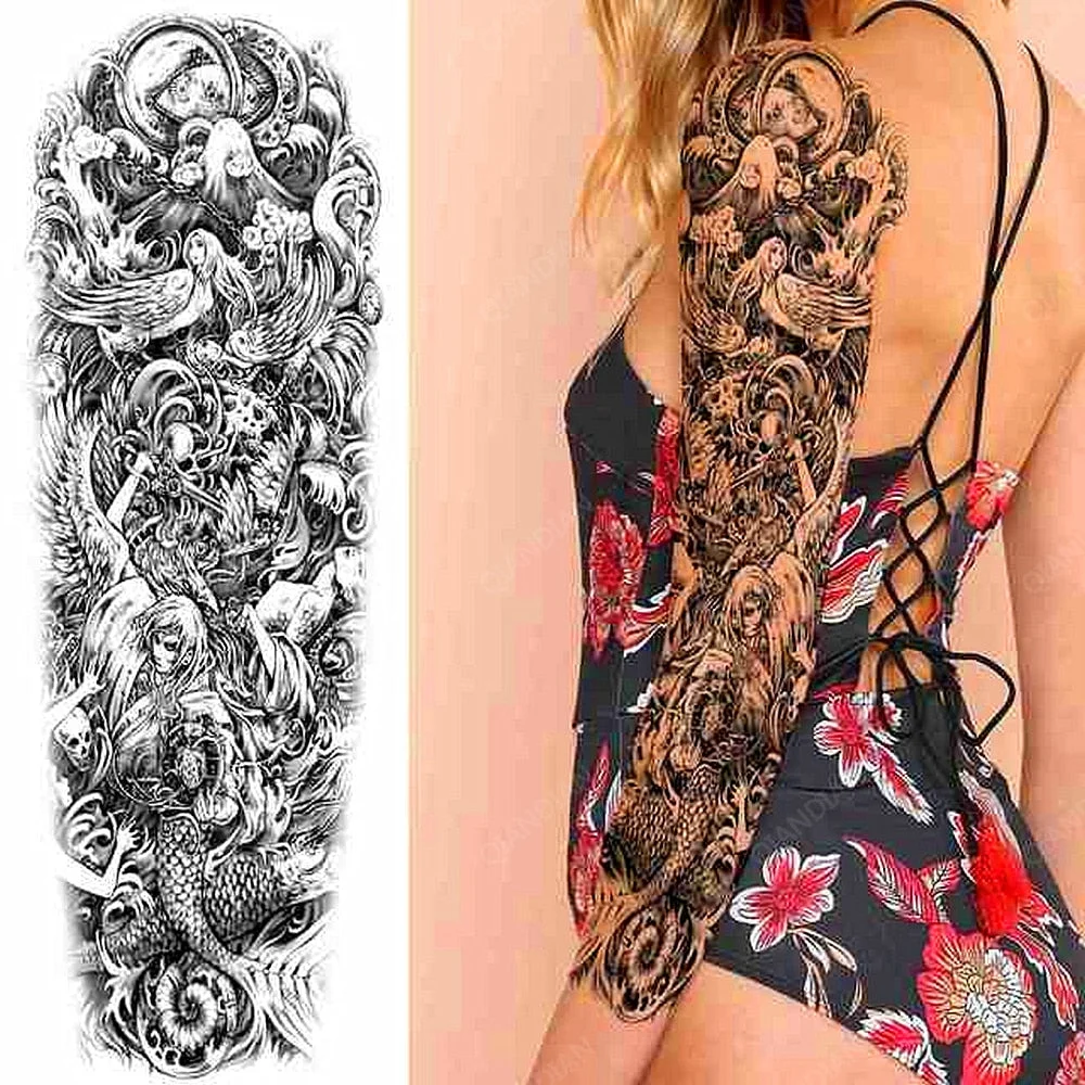 Large Arm Sleeve Tattoo Rose Lion Wolf Waterproof Temporary Tatto Sticker Flower Clock Waist Leg Body Art Full Fake Tatoo Women