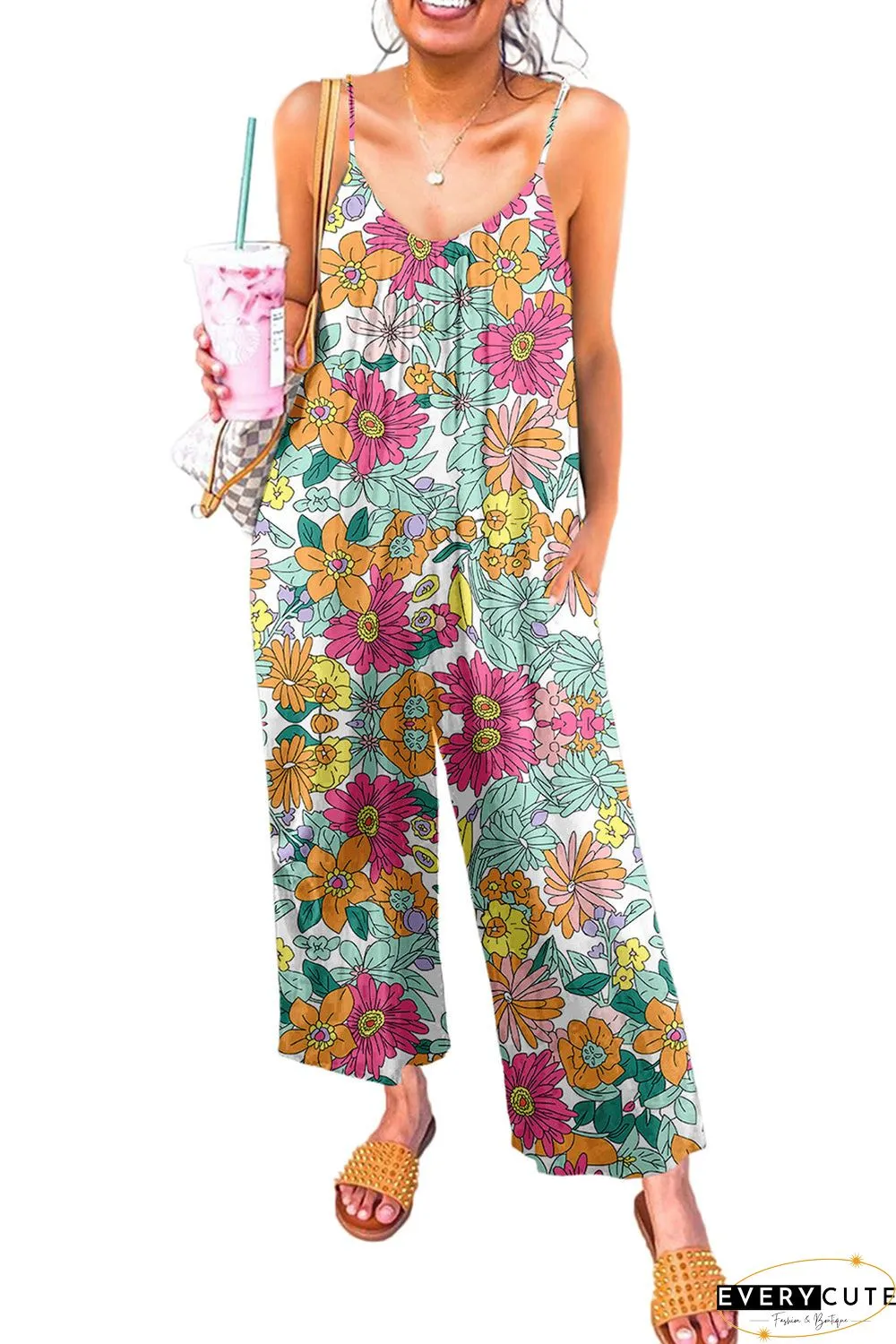 Print Spaghetti Strap Wide Leg Jumpsuit