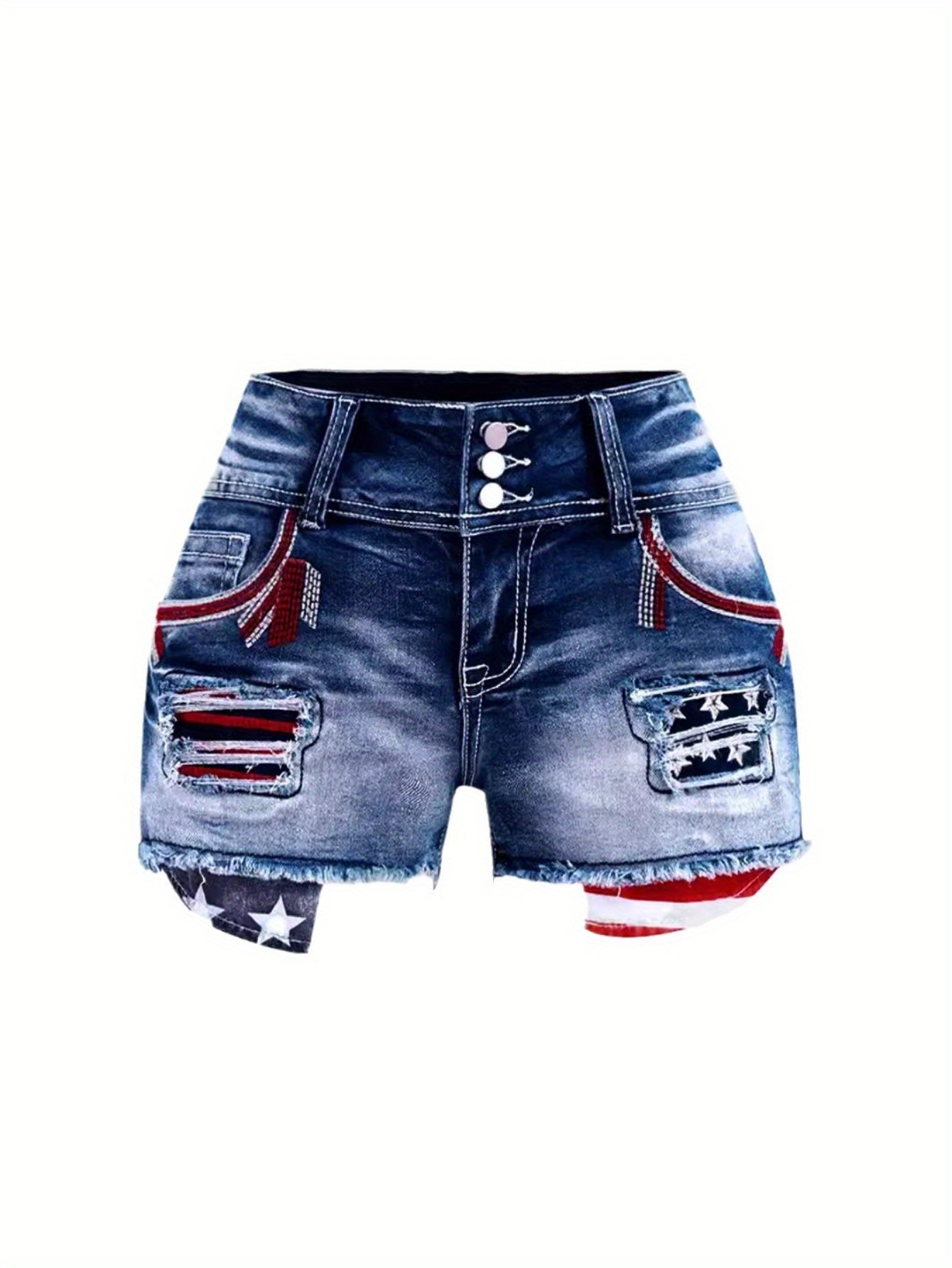 Women's High-Waisted Stretch Denim-Like Shorts - Non-See-Through Distressed Jeans Look With Side Pockets, Machine Washable Casual Summer Shorts For Everyday & Formal Outfits, Versatile Wardrobe Staple, Patchwork Design, Durable Construction | IFYHOME