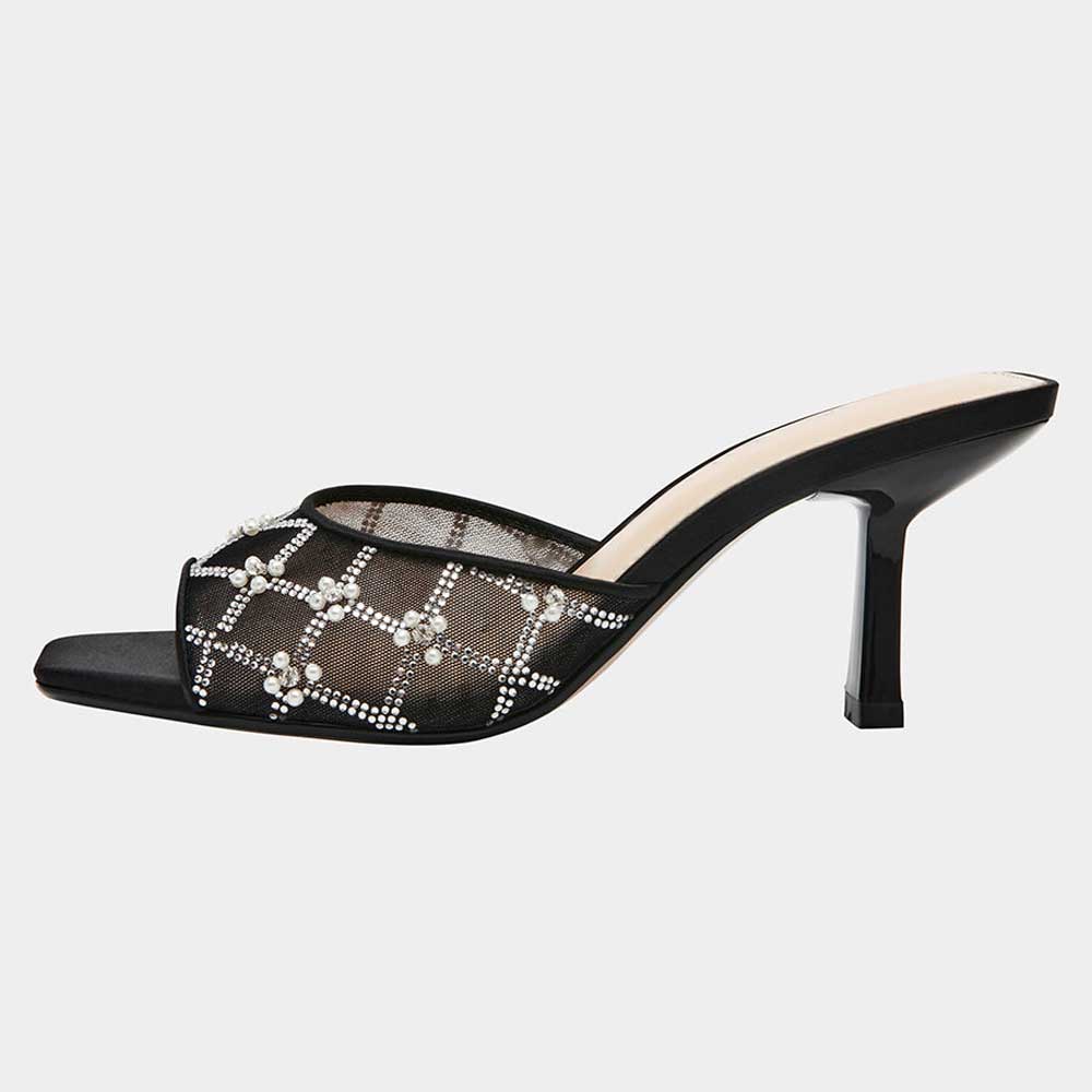 Black Mesh Square Toe Pearl and Rhinestone Heeled Mules Sandals Nicepairs