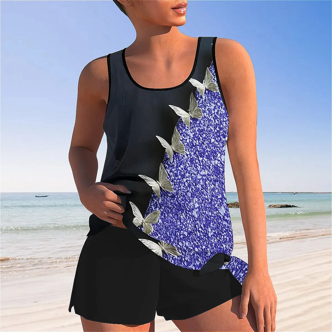 Bowknot Purple,Butterfly,Glitter Mid Waisted Tankini Set - Plus Size Available
