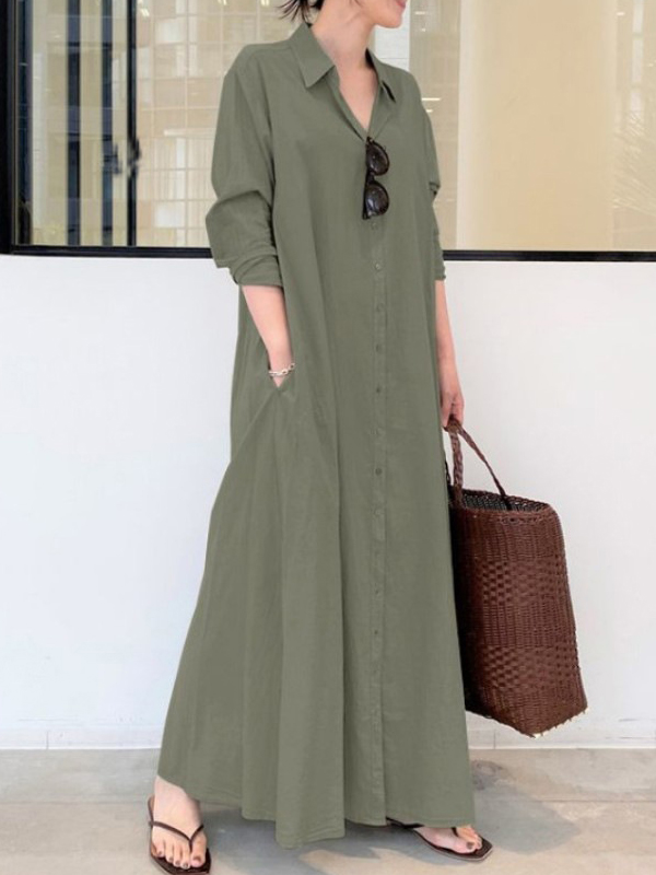 Loose Lapel Collar Long Sleeve Maxi Dress