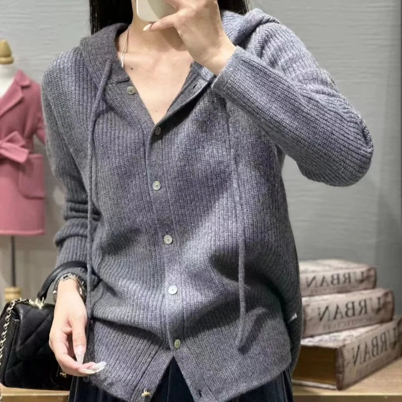 100% Pure Wool Sweater Women's Clothing Knitted Cardigan Autumn Winter New Casual Hooded Cardigan Loose Korean Long Sleeved Top Aiertu