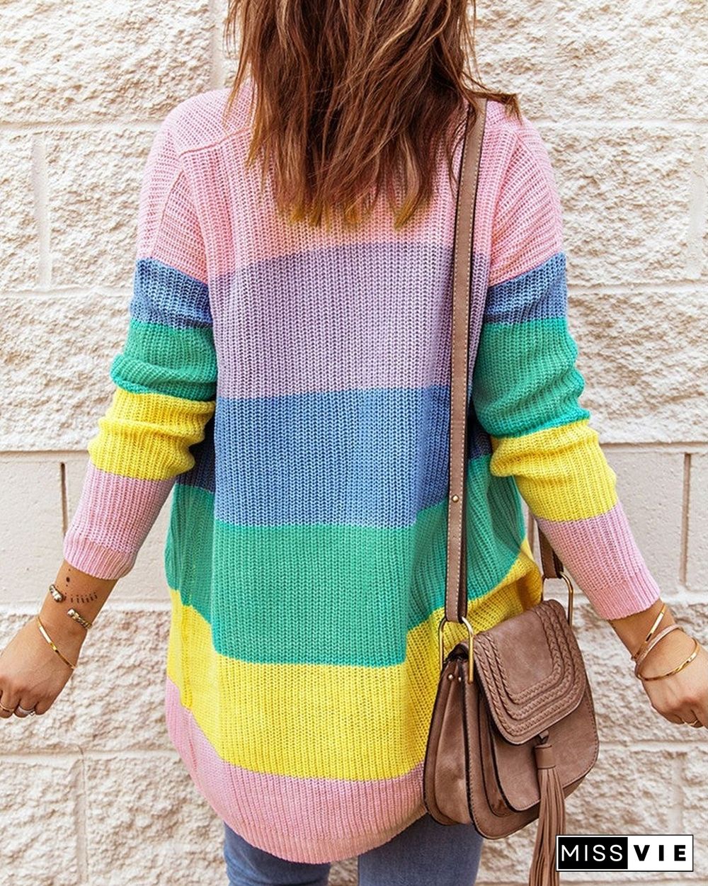 Striped Print Colorblock Pocket Design Long Sleeve Cardigan