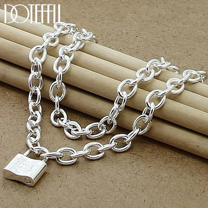 DOTEFFIL 925 Sterling Silver Square Lock Pendant Necklaces 18 Inches Chain For Women Jewelry