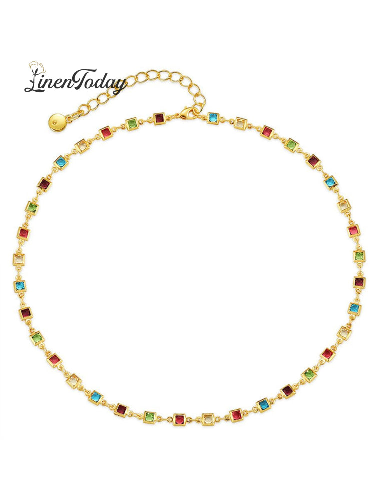 Colorful Square Glass Beads Chain Necklace Multicolor / Onesize
