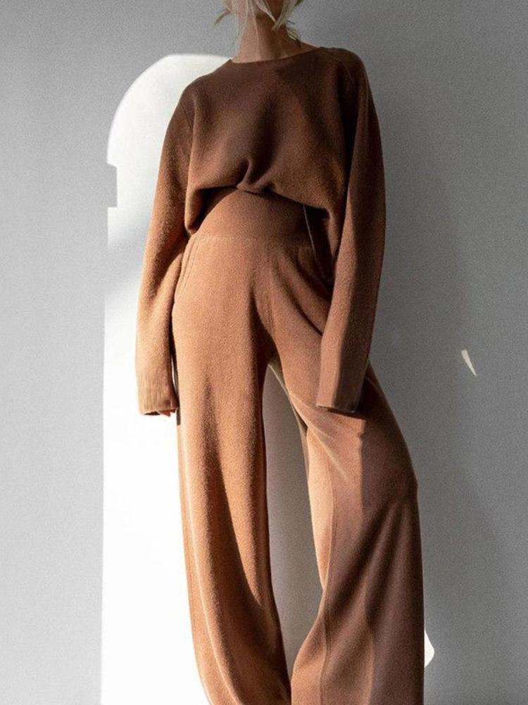 Women's Retro Reddish Brown High Waist Two-Piece Sweater Suit