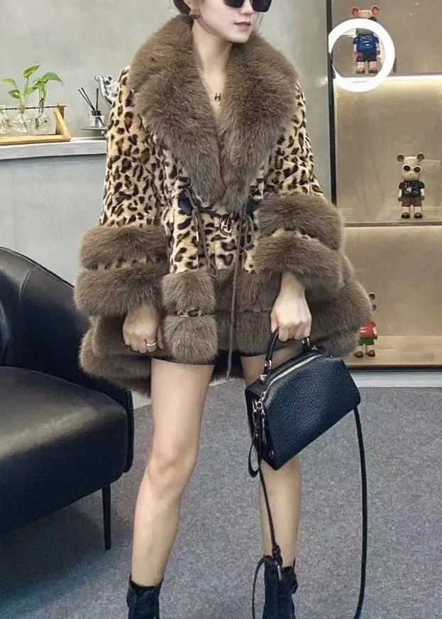 Chic Leopard Peter Pan Collar Drawstring Patchwork Fuzzy Fur Fluffy Coats Winter