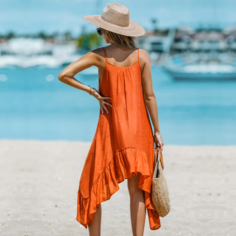 Holiday Style Solid Color Sling Irregular Skirt Casual Dress