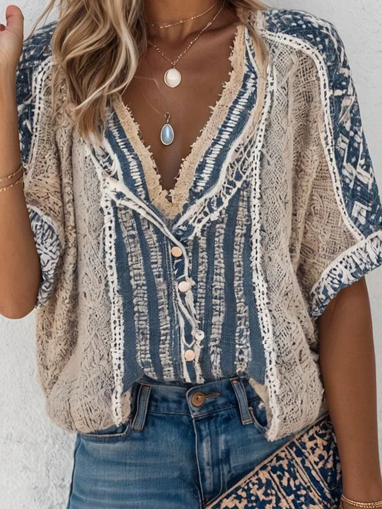 Casual V Neck Raw Trim Half Sleeve Patchwork Blouse